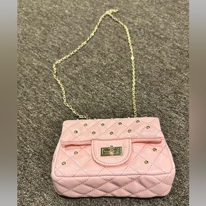 Pink quilted fashion pocketbook gold chain accents shoulder bag purse EUC